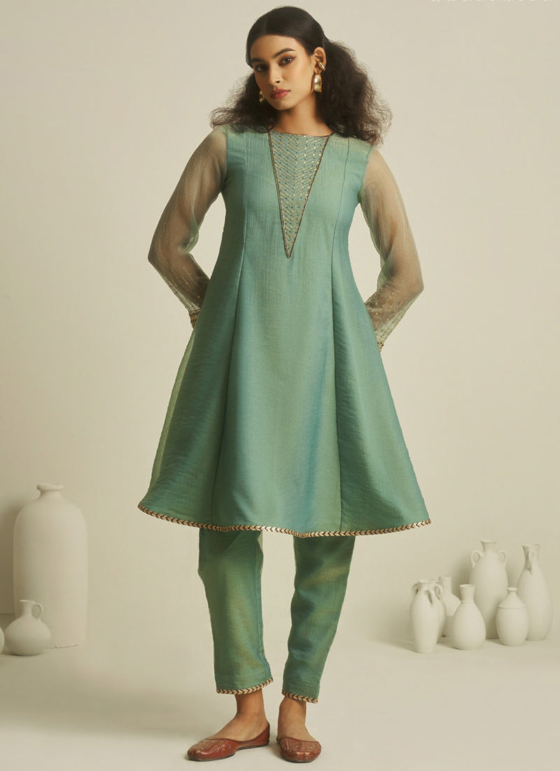 Pure Tissue Sea Green Casual Wear Hand Work Readymade Kurti With Pant 388739