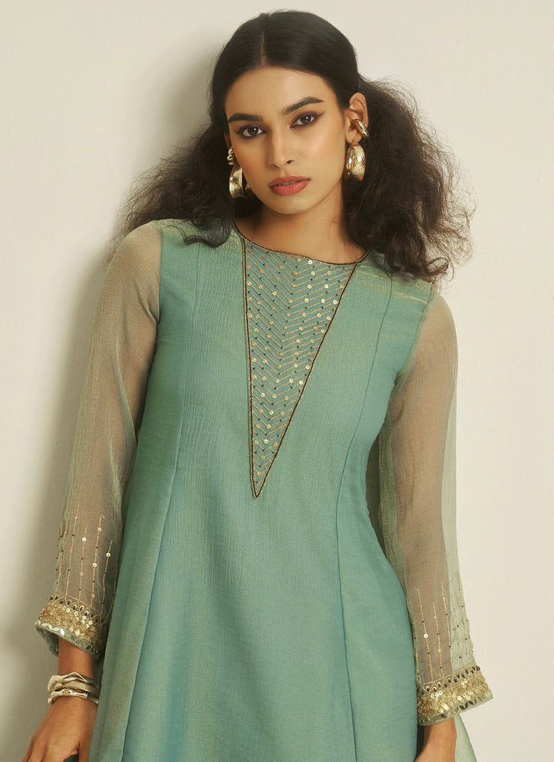 Pure Tissue Sea Green Casual Wear Hand Work Readymade Kurti With Pant 388739