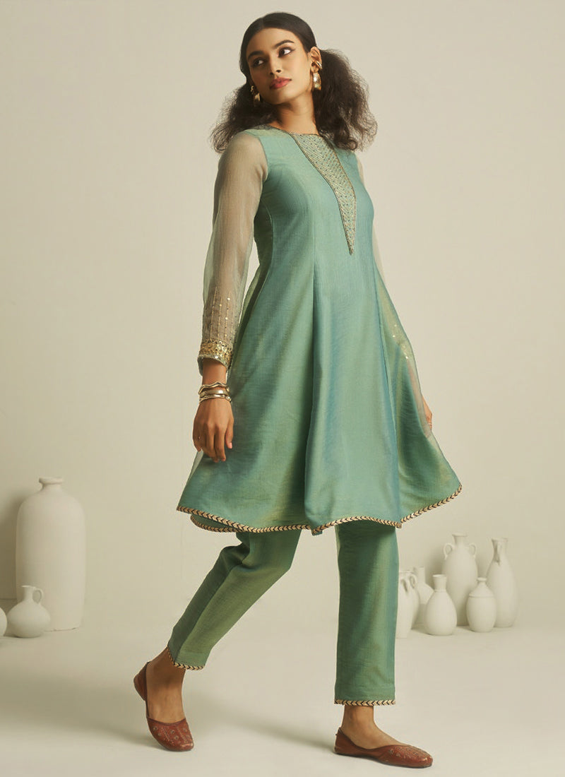 Pure Tissue Sea Green Casual Wear Hand Work Readymade Kurti With Pant 388739