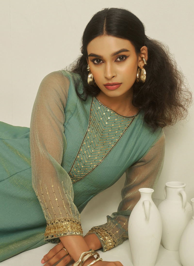 Pure Tissue Sea Green Casual Wear Hand Work Readymade Kurti With Pant 388739