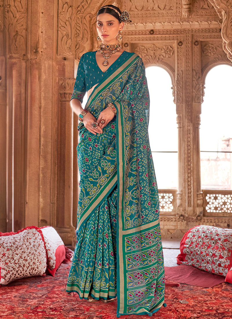 Georgette Sea Green Festival Wear Printed Saree