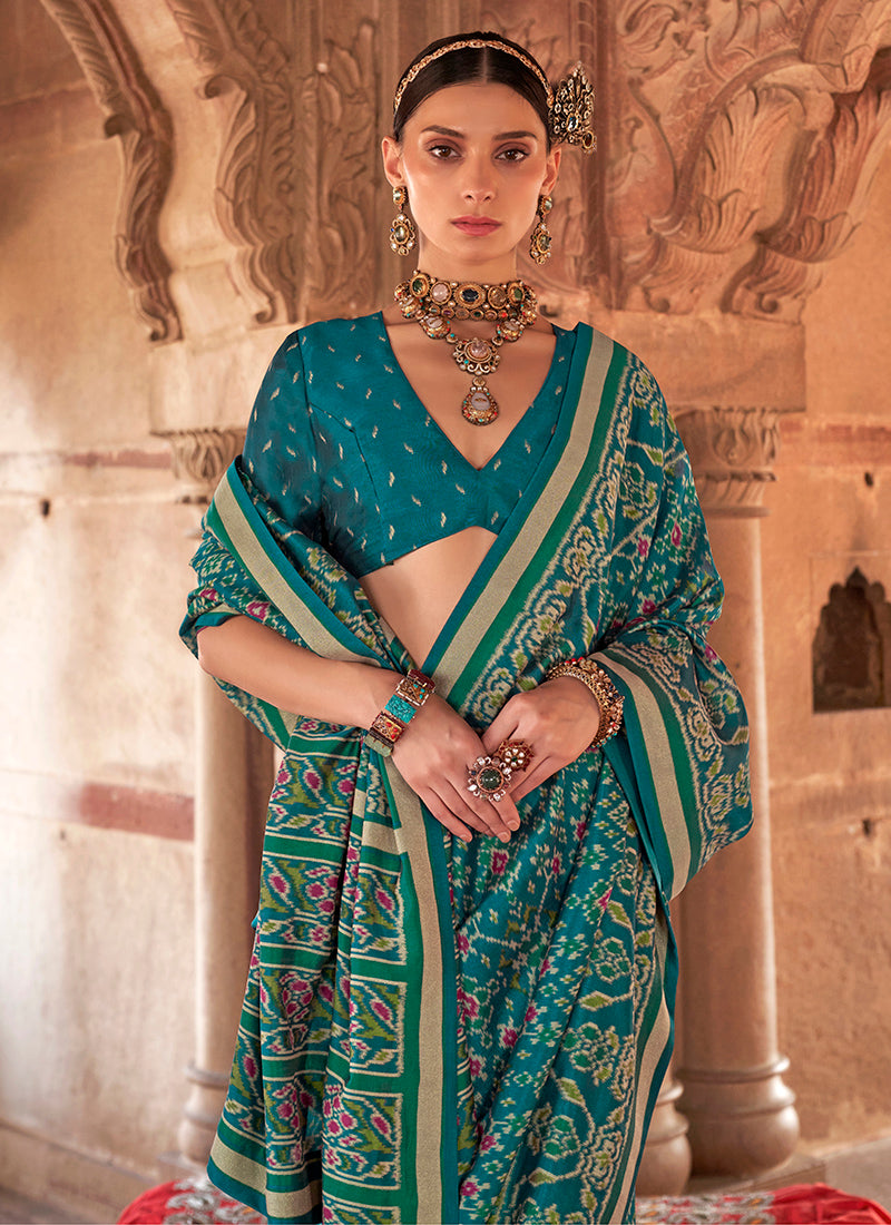 Georgette Sea Green Festival Wear Printed Saree