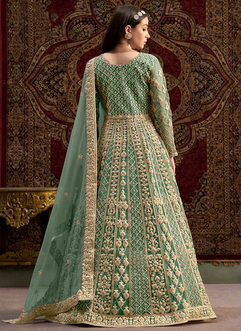 Net Sea Green Wedding Wear Embroidery Work Anarkali Suit