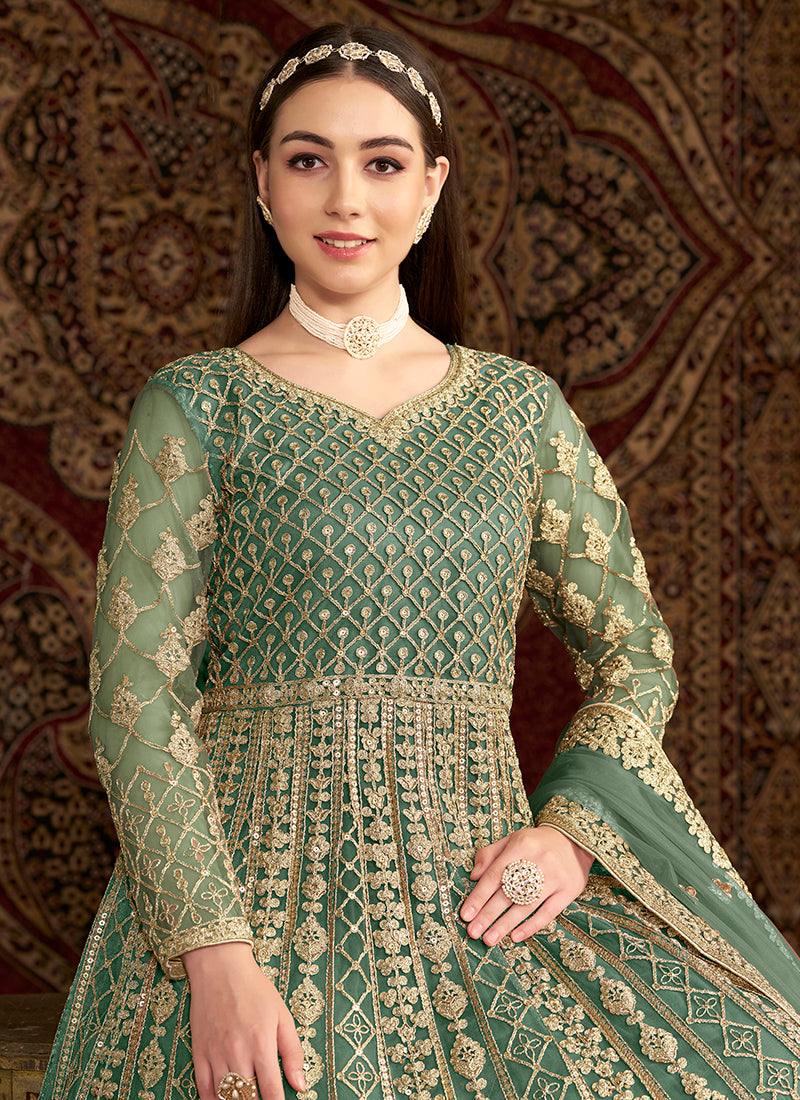 Net Sea Green Wedding Wear Embroidery Work Anarkali Suit