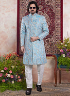 Banarasi Jacquard Sky Blue Wedding Wear Pattern Pc Work Readymade Sherwani