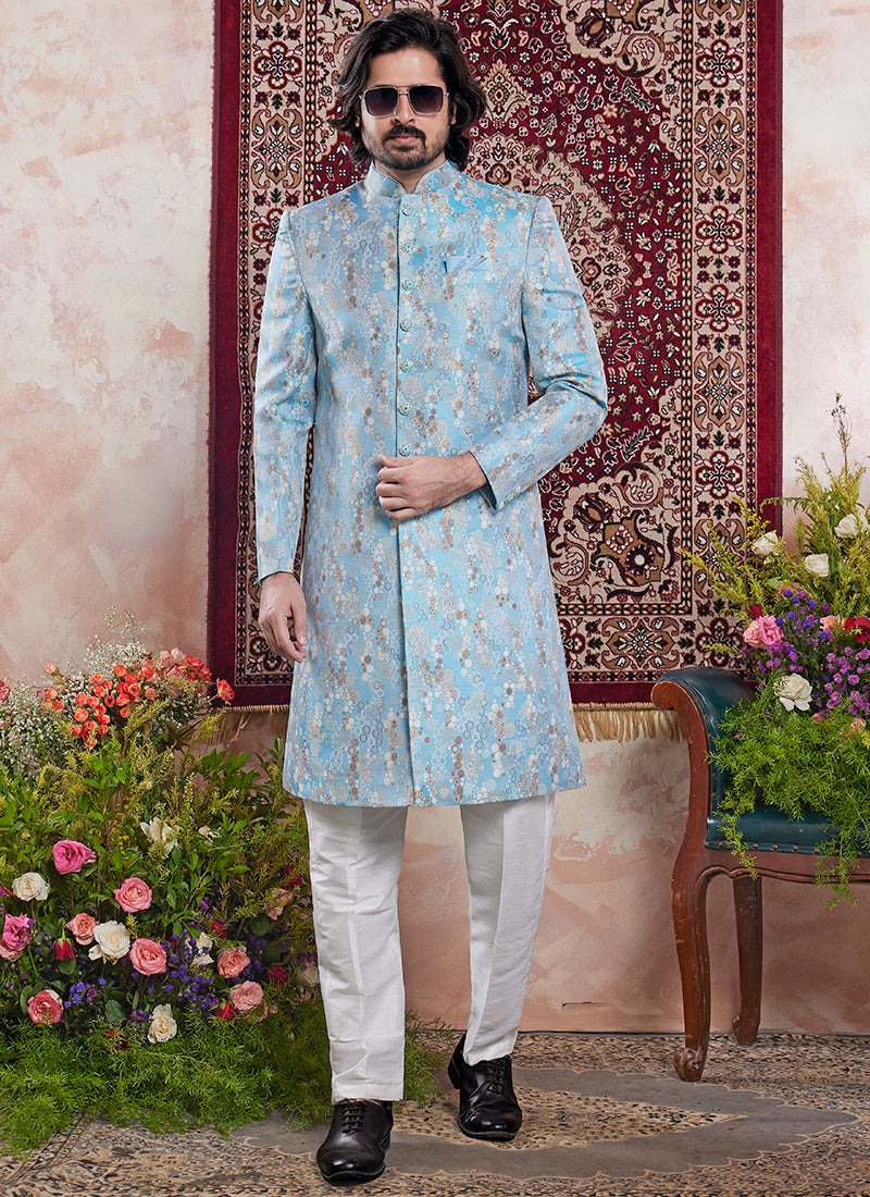 Banarasi Jacquard Sky Blue Wedding Wear Pattern Pc Work Readymade Sherwani