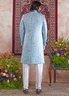 Banarasi Jacquard Sky Blue Wedding Wear Pattern Pc Work Readymade Sherwani