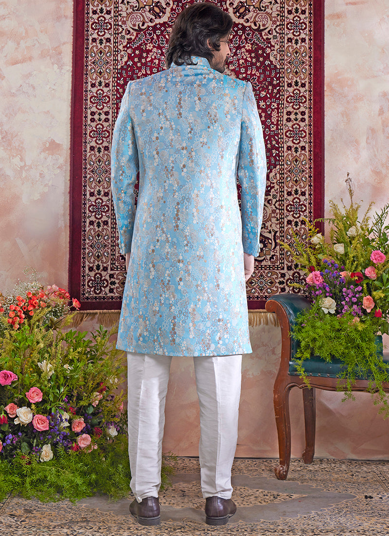 Banarasi Jacquard Sky Blue Wedding Wear Pattern Pc Work Readymade Sherwani