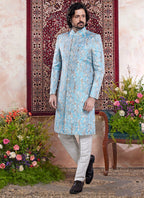 Banarasi Jacquard Sky Blue Wedding Wear Pattern Pc Work Readymade Sherwani