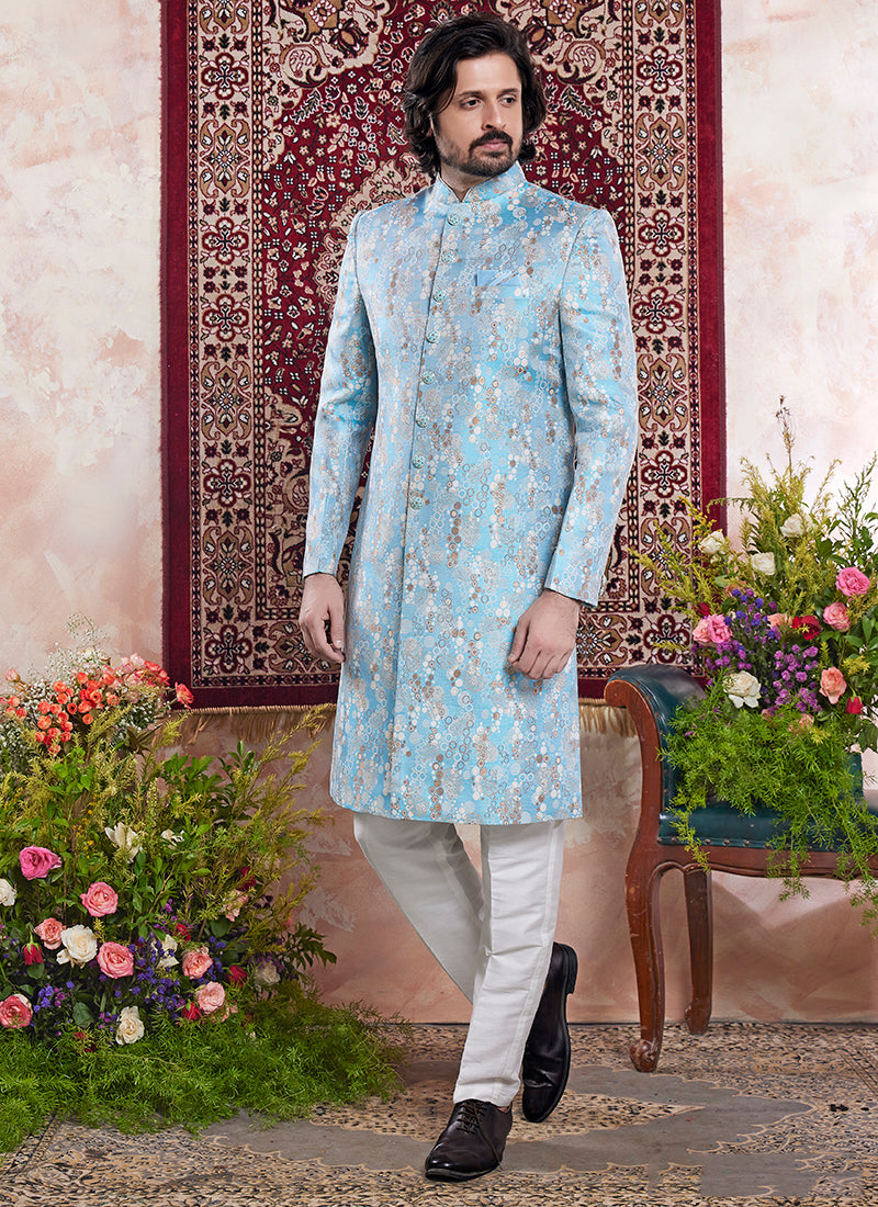 Banarasi Jacquard Sky Blue Wedding Wear Pattern Pc Work Readymade Sherwani