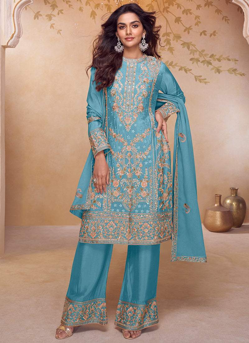 Sky Blue Chinon Embroidery Work Festival Wear Readymade Plazzo Suit SW384677