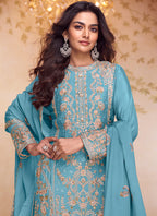 Sky Blue Chinon Embroidery Work Festival Wear Readymade Plazzo Suit SW384677