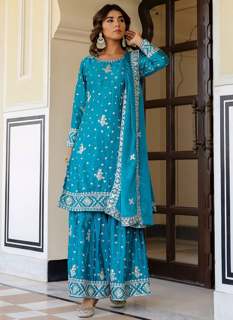 Chinon Silk Sky Blue Festival Wear Sequins Work Readymade Sharara Suit