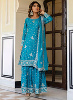 Chinon Silk Sky Blue Festival Wear Sequins Work Readymade Sharara Suit