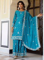 Chinon Silk Sky Blue Festival Wear Sequins Work Readymade Sharara Suit