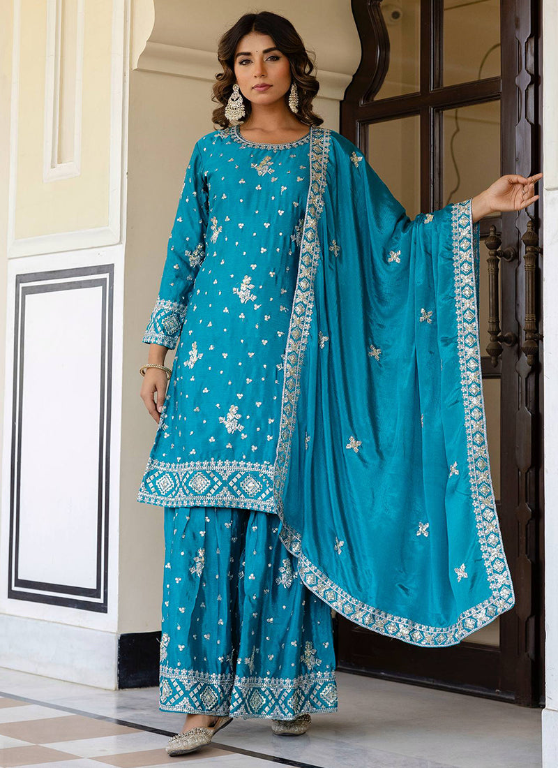 Chinon Silk Sky Blue Festival Wear Sequins Work Readymade Sharara Suit