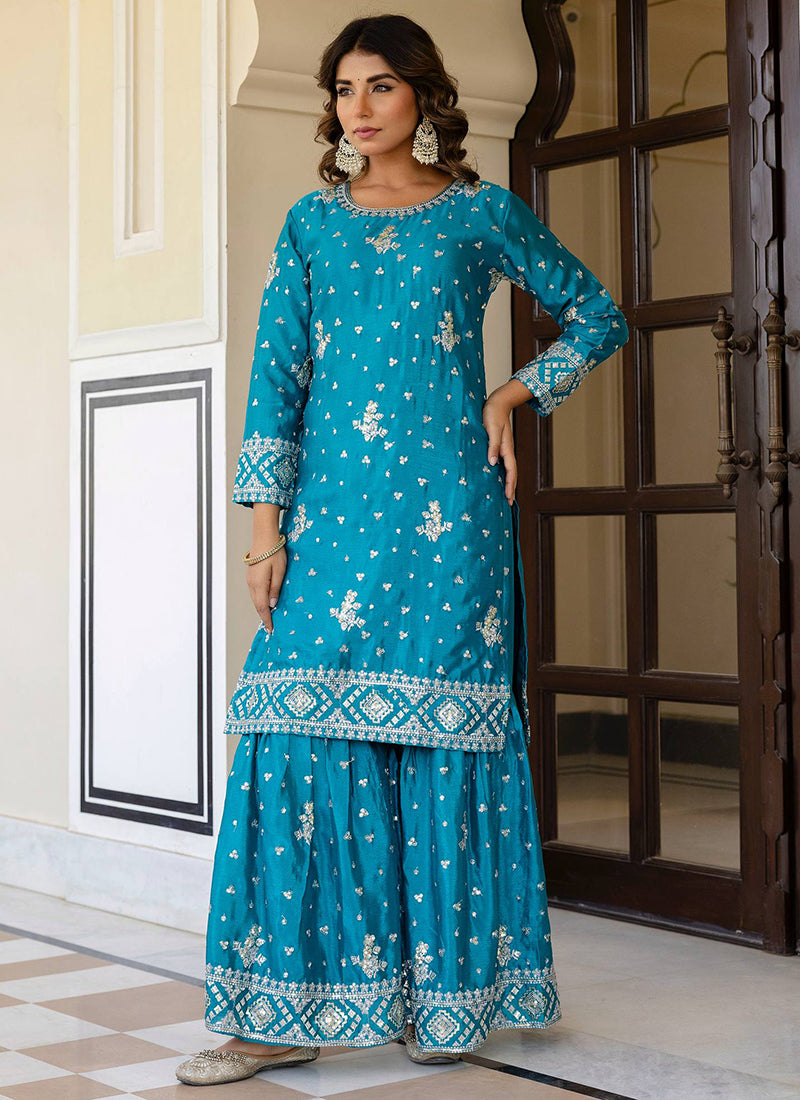 Chinon Silk Sky Blue Festival Wear Sequins Work Readymade Sharara Suit