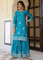 Chinon Silk Sky Blue Festival Wear Sequins Work Readymade Sharara Suit
