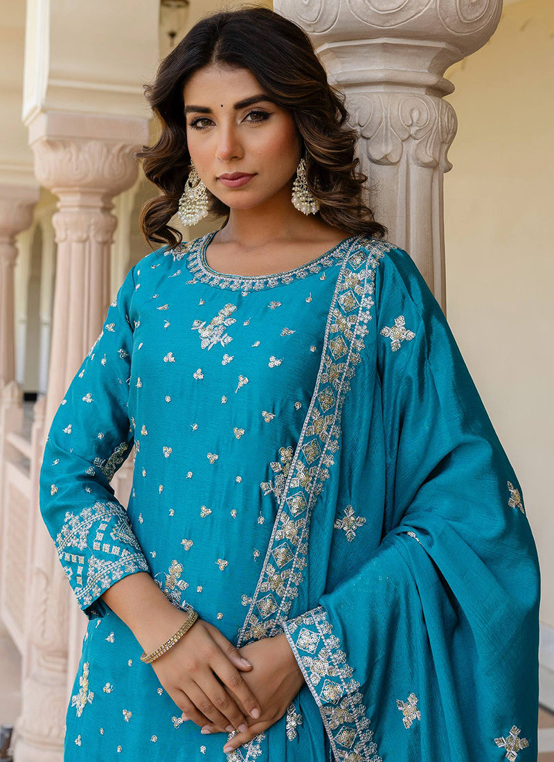 Chinon Silk Sky Blue Festival Wear Sequins Work Readymade Sharara Suit