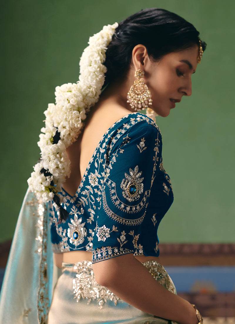 Sky Blue Fancy Embroidery Work Wedding Wear Saree SW341665