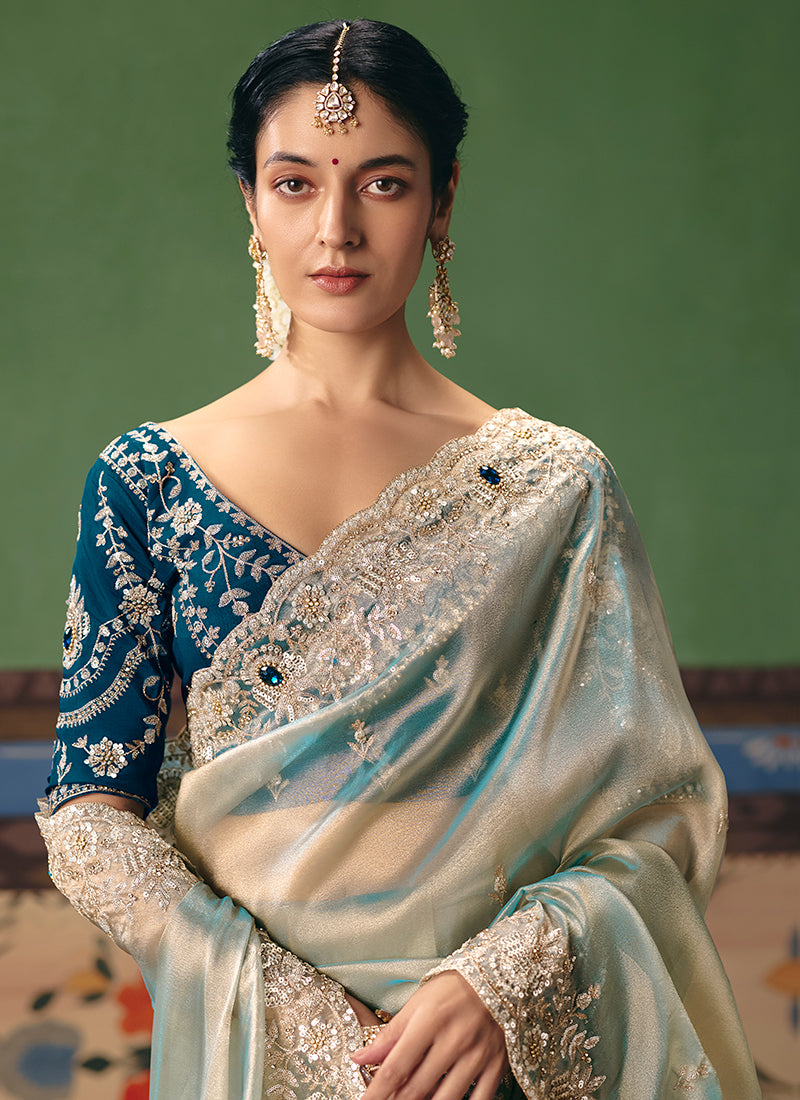 Sky Blue Fancy Embroidery Work Wedding Wear Saree SW341665
