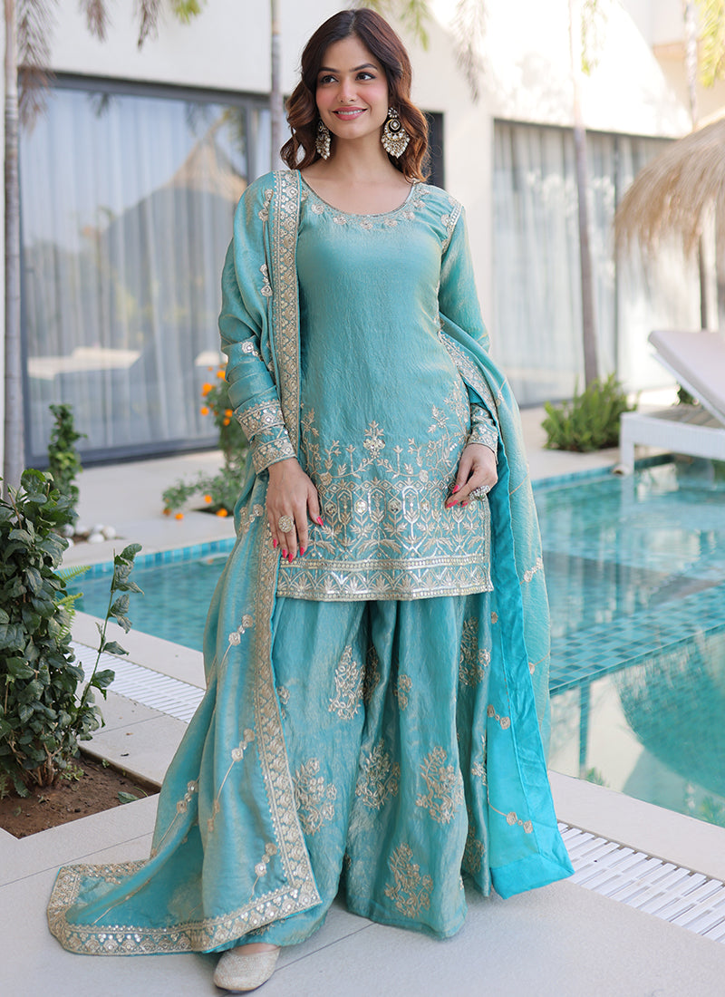 Sky Blue Fendi Crush Silk Embroidery Work Festival Wear Readymade Salwar Suit SW227946