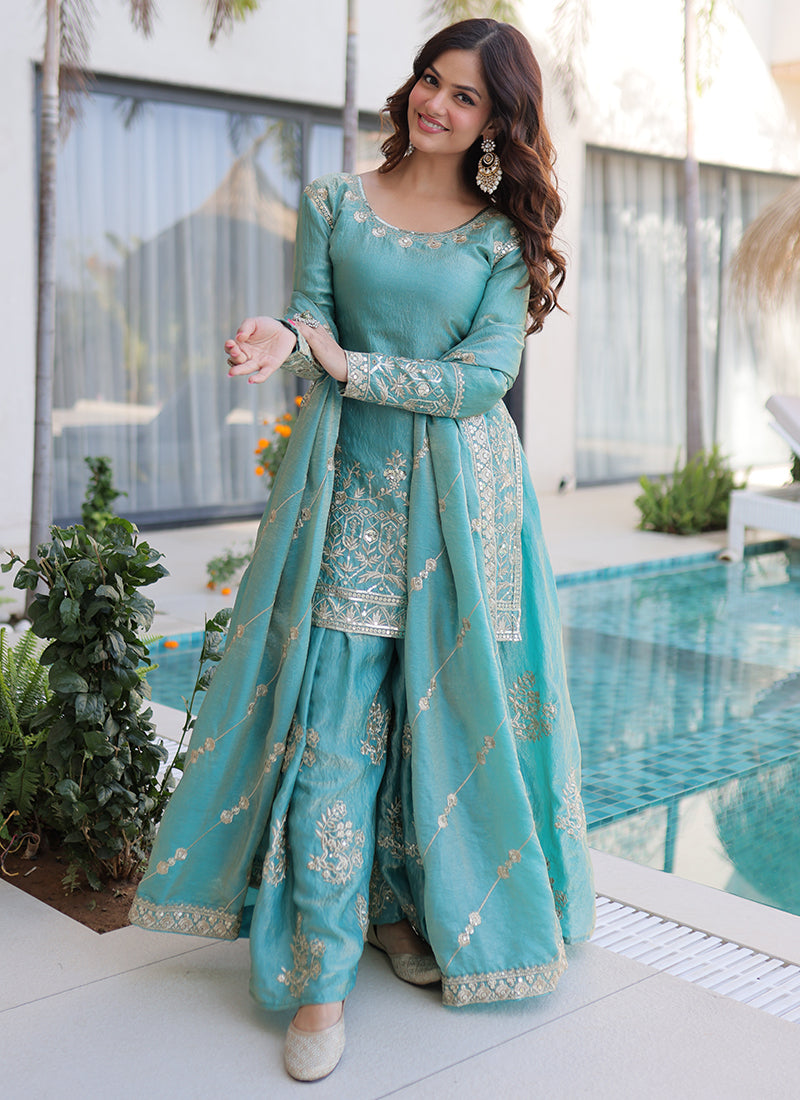 Sky Blue Fendi Crush Silk Embroidery Work Festival Wear Readymade Salwar Suit SW227946