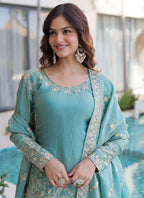 Sky Blue Fendi Crush Silk Embroidery Work Festival Wear Readymade Salwar Suit SW227946