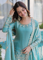 Sky Blue Fendi Crush Silk Embroidery Work Festival Wear Readymade Salwar Suit SW227946