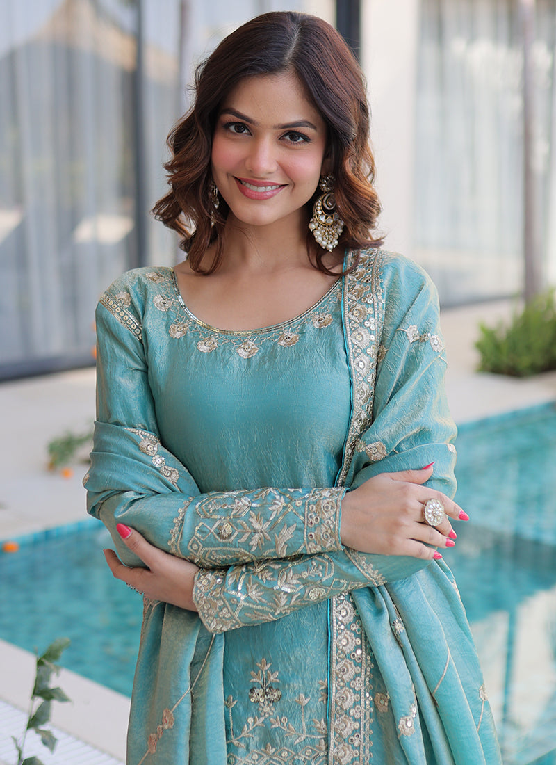 Sky Blue Fendi Crush Silk Embroidery Work Festival Wear Readymade Salwar Suit SW227946