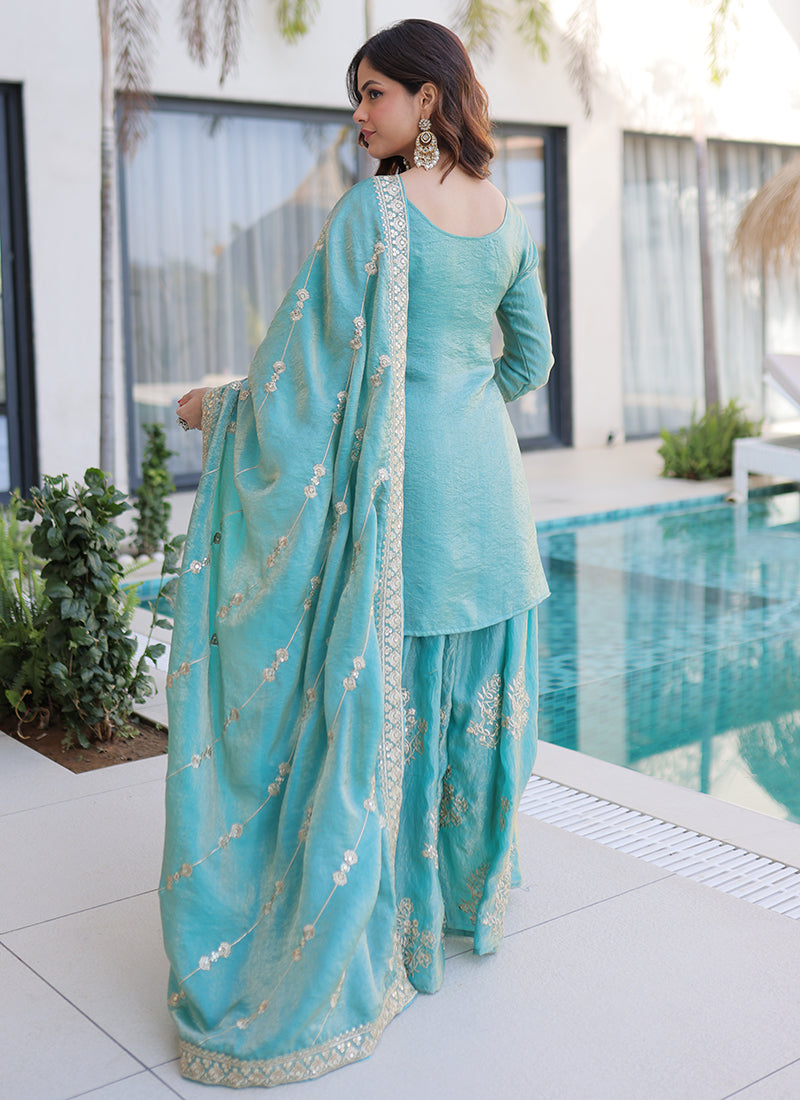 Sky Blue Fendi Crush Silk Embroidery Work Festival Wear Readymade Salwar Suit SW227946