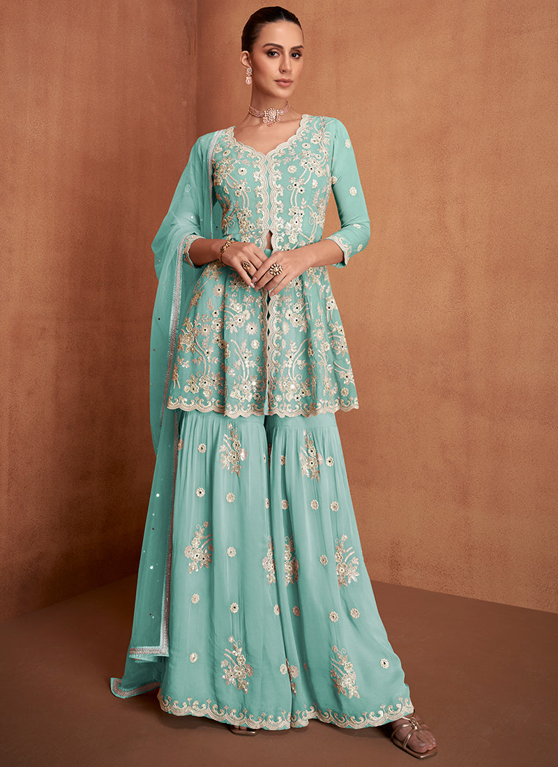 Sky Blue Georgette Embroidery Work Festival Wear Readymade Gharara Suit SW922313