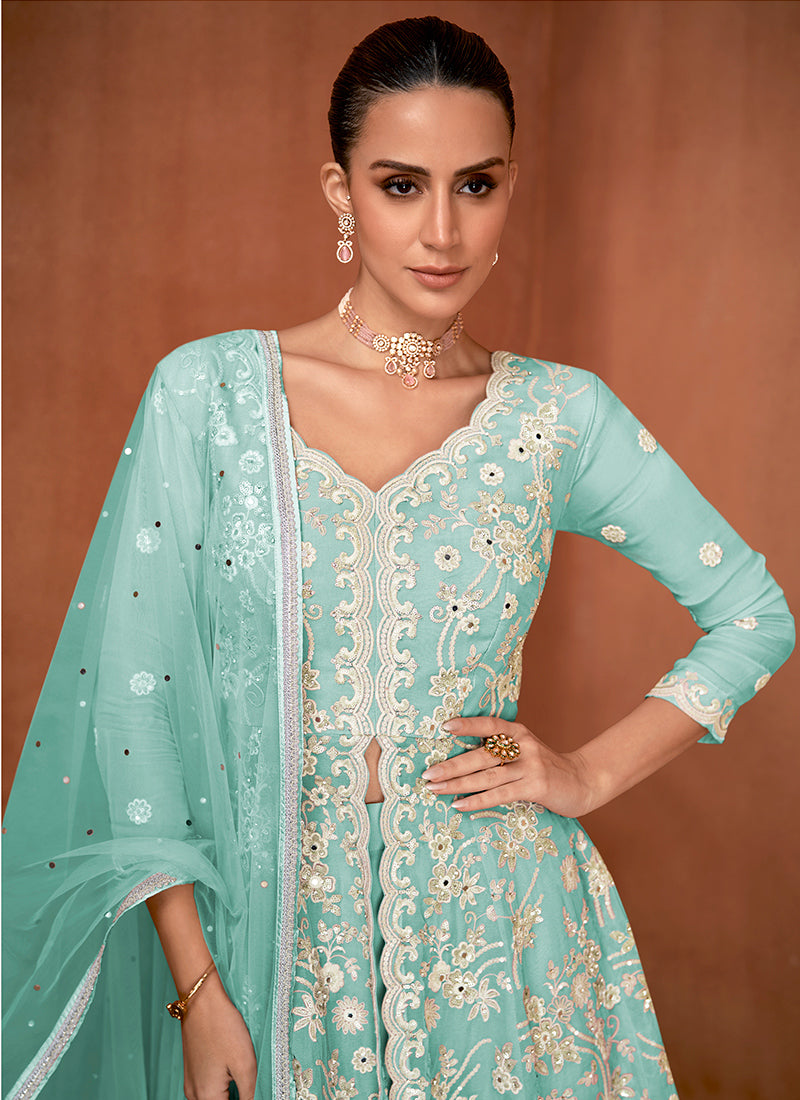 Sky Blue Georgette Embroidery Work Festival Wear Readymade Gharara Suit SW922313