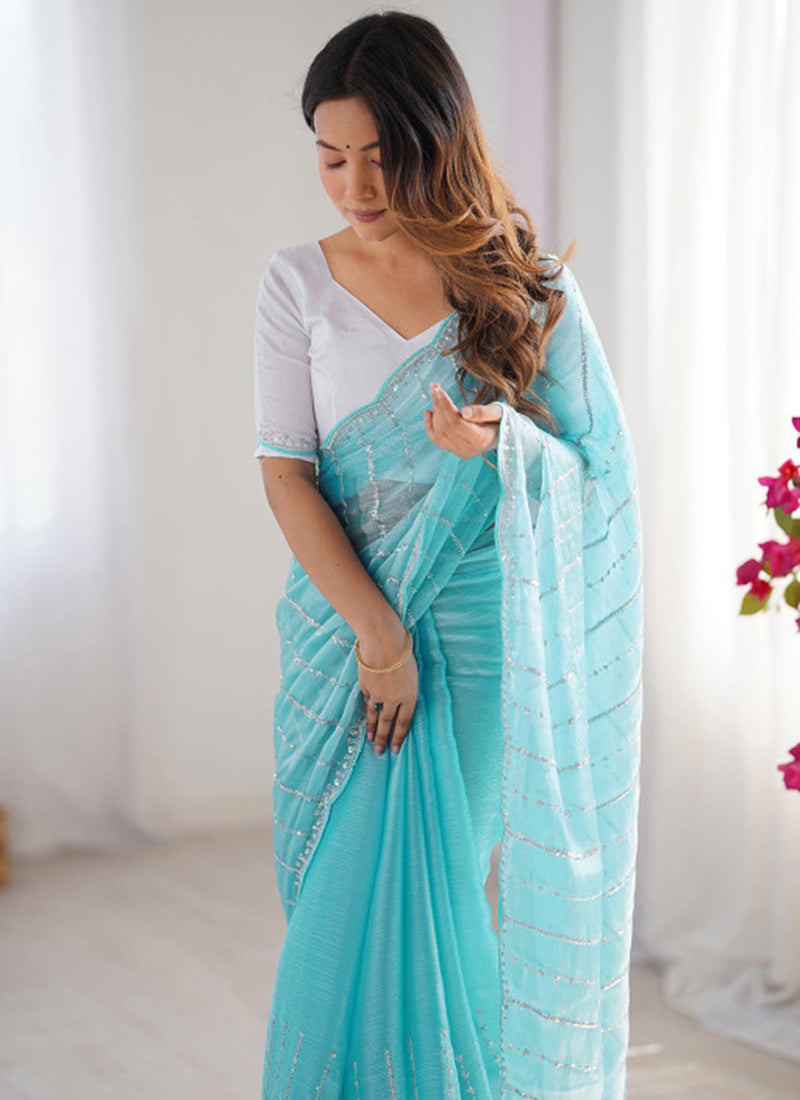 Jimmy Choo Sky Blue Ocassional Wear Embroidery Work Saree