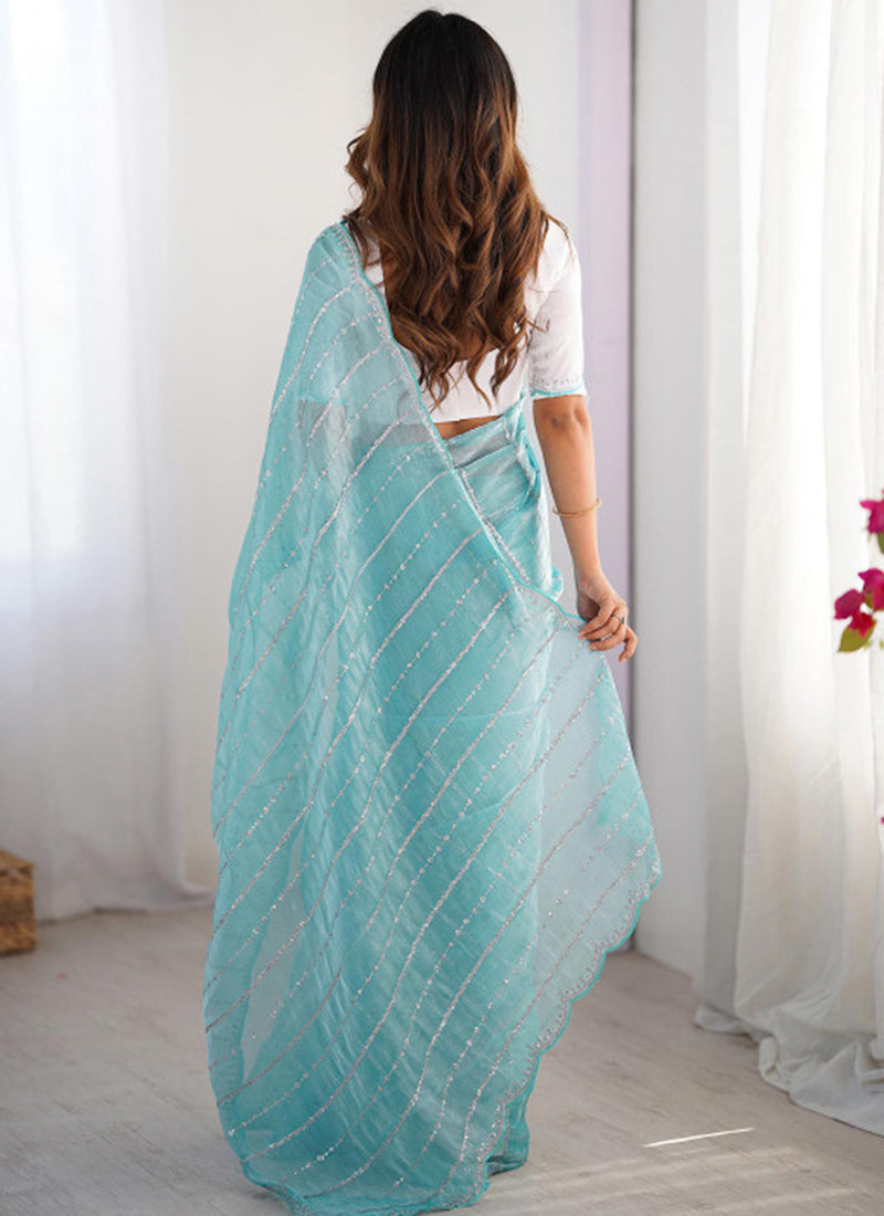 Jimmy Choo Sky Blue Ocassional Wear Embroidery Work Saree