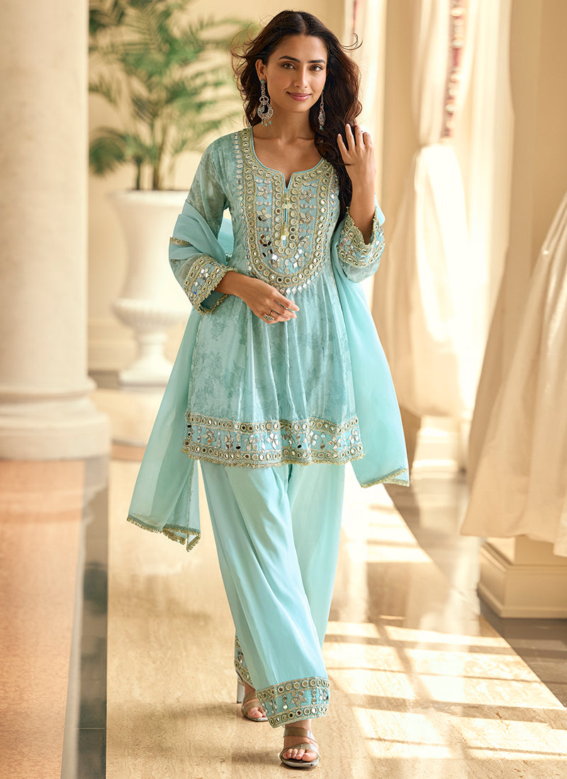Sky Blue Shimmer Silk Mirror Work Occasional Wear Readymade Plazzo Suit SW792655