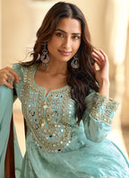 Sky Blue Shimmer Silk Mirror Work Occasional Wear Readymade Plazzo Suit SW792655