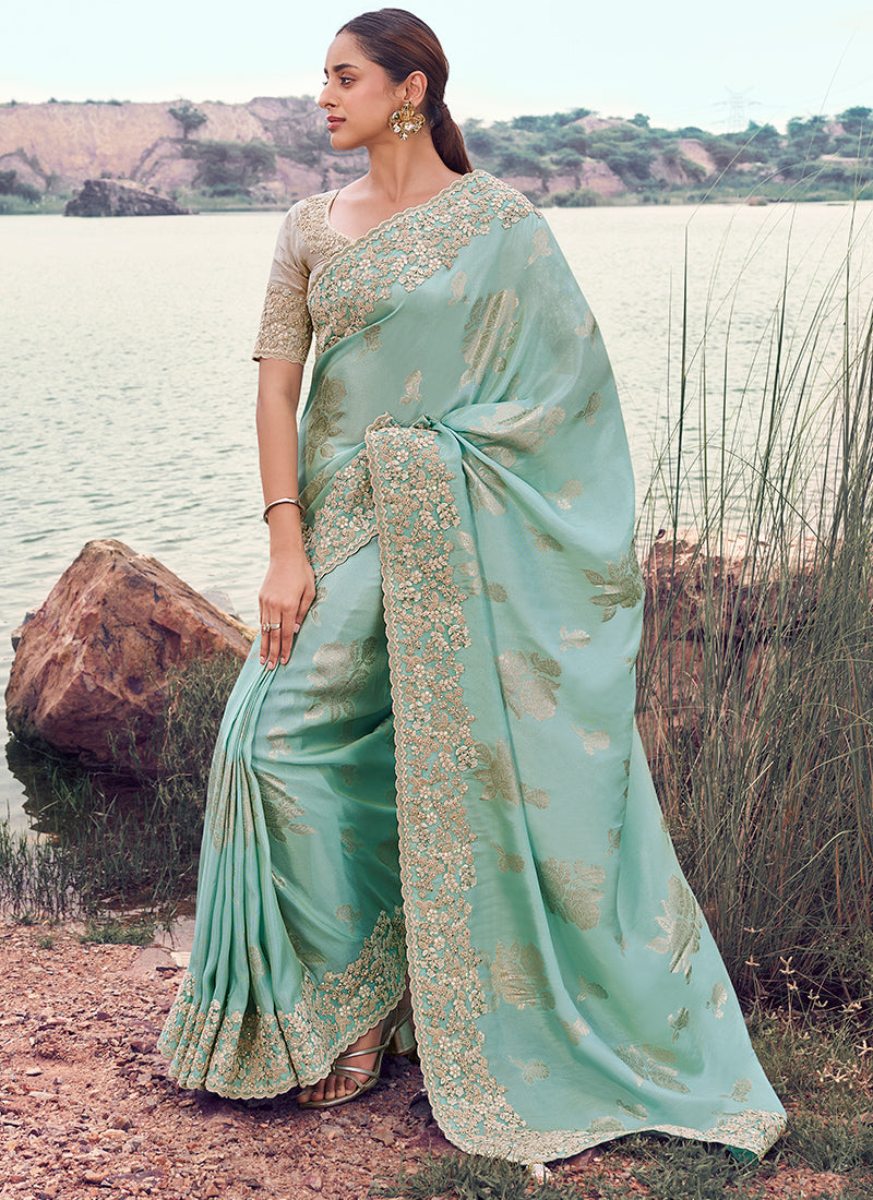 Silk Sky Blue Wedding Wear Embroidery Work Saree