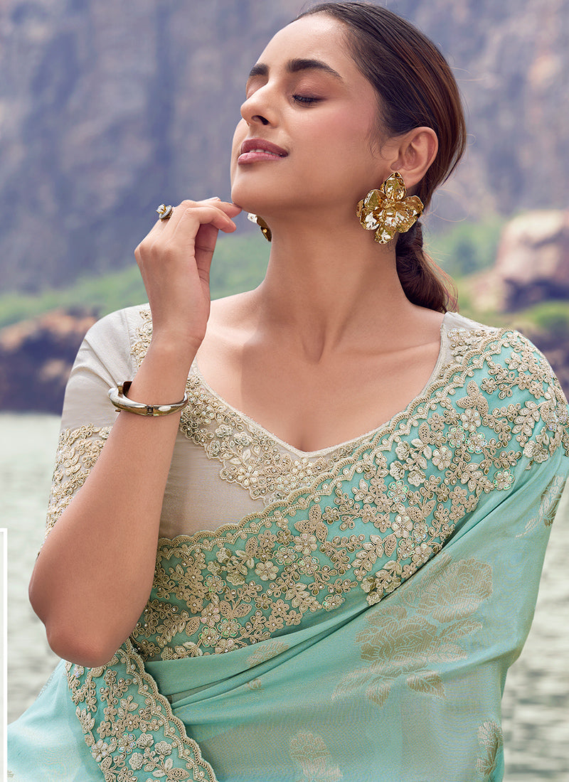 Silk Sky Blue Wedding Wear Embroidery Work Saree
