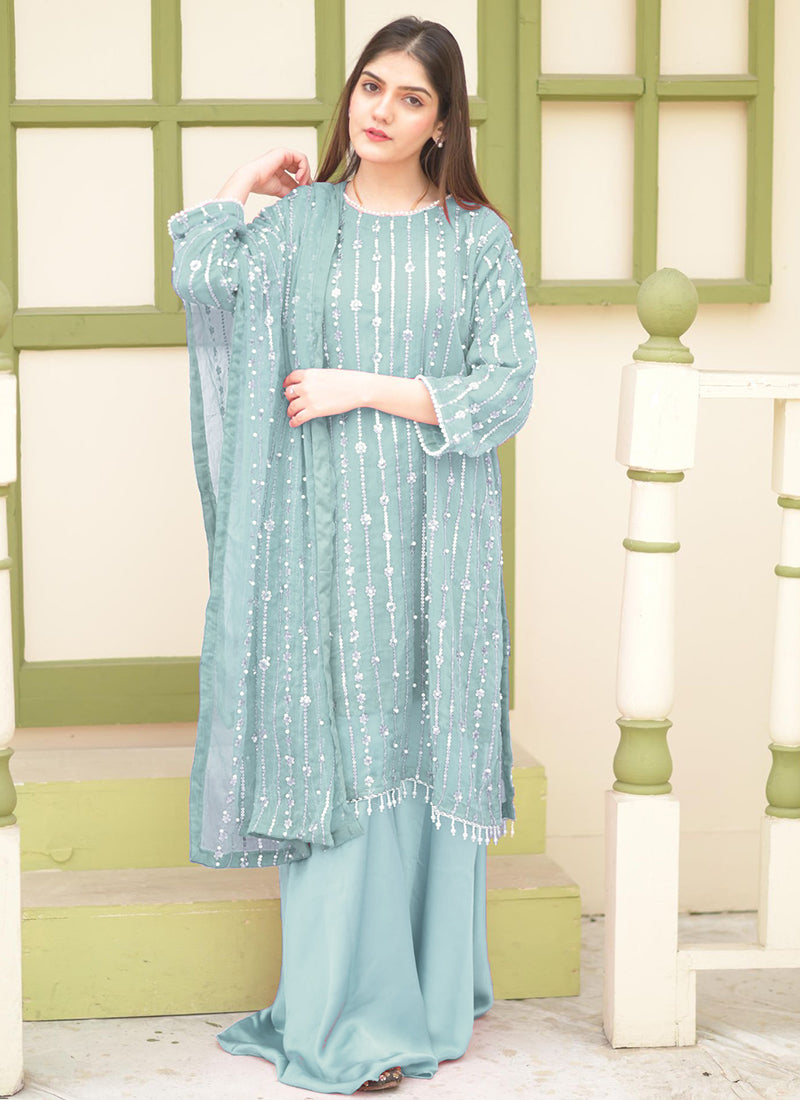 Georgette  Sky Blue Festival Wear Sequence Work Readymade Pakistani Suit