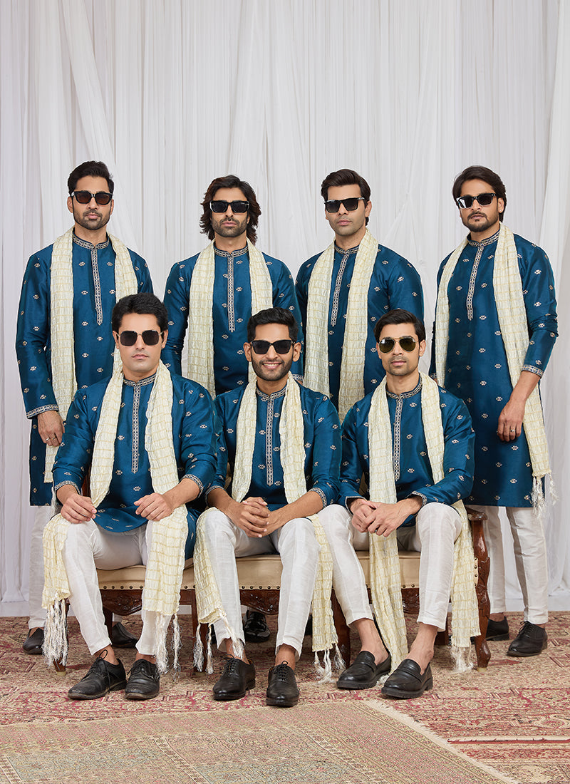 Teal Blue Art Silk Patten Pcs Occasional Wear Readymade Kurta Pajama With Stole SW195722