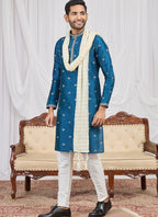 Teal Blue Art Silk Patten Pcs Occasional Wear Readymade Kurta Pajama With Stole SW195722