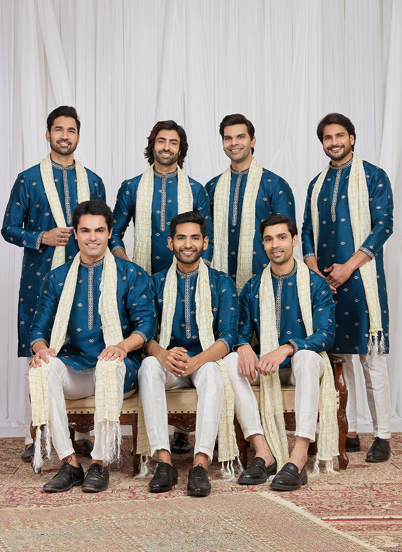 Teal Blue Art Silk Patten Pcs Occasional Wear Readymade Kurta Pajama With Stole SW195722