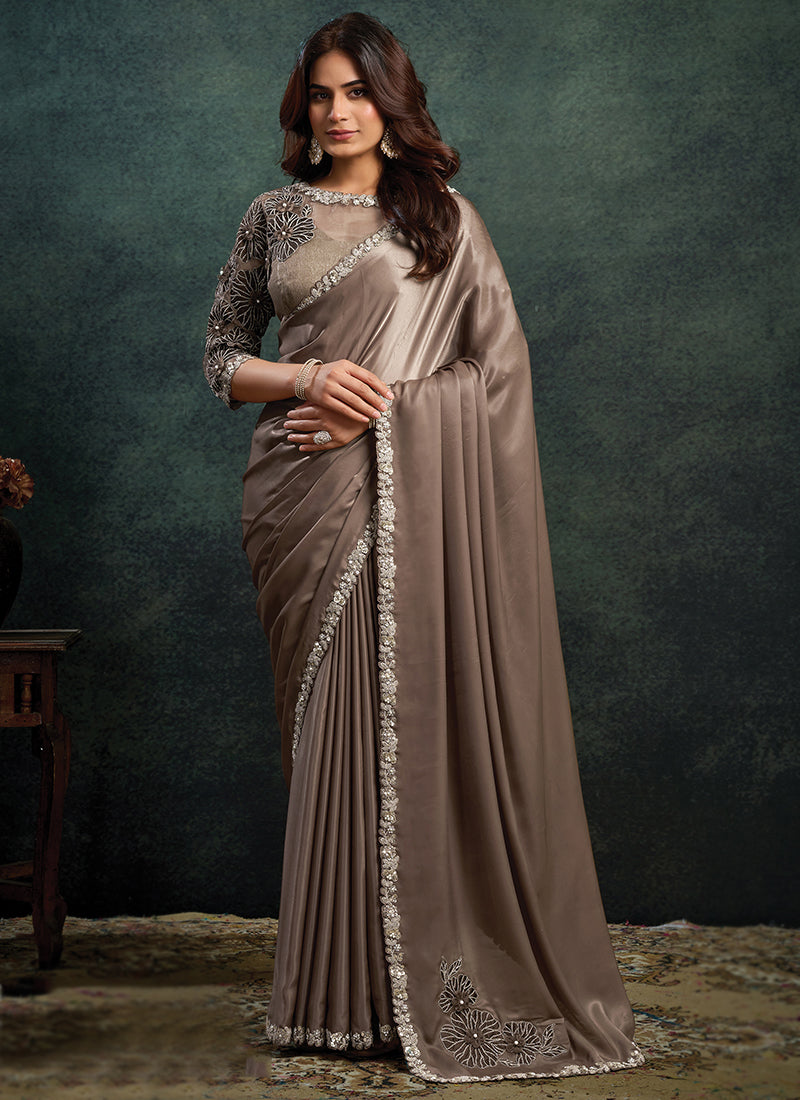Soft Satin Taupe Party Wear Sequins Embroidery Work Parties Saree 389023
