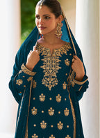 Teal Blue Chinon Sequins Work  Wedding Wear Readymade Plazzo Suit SW801414