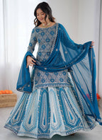 Teal Blue Faux Georgette  Embroidery Work Occasional Wear Readymade Lehenga Skirt SW251884