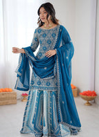 Teal Blue Faux Georgette  Embroidery Work Occasional Wear Readymade Lehenga Skirt SW251884