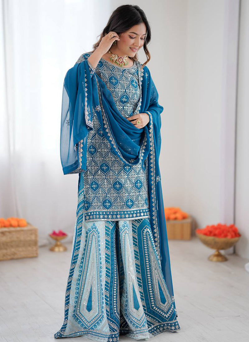 Teal Blue Faux Georgette  Embroidery Work Occasional Wear Readymade Lehenga Skirt SW251884