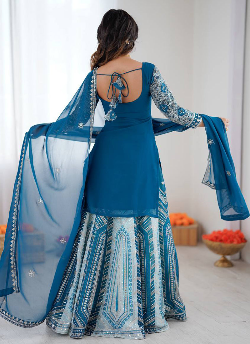 Teal Blue Faux Georgette  Embroidery Work Occasional Wear Readymade Lehenga Skirt SW251884