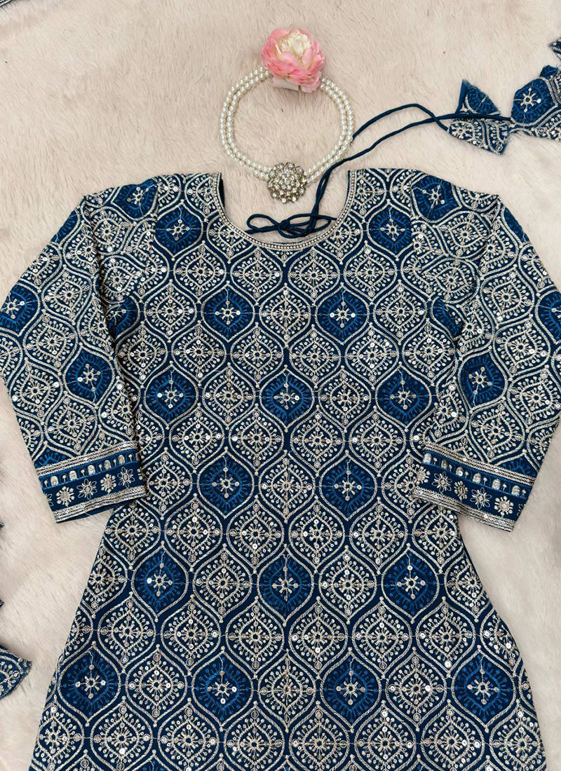 Teal Blue Faux Georgette  Embroidery Work Occasional Wear Readymade Lehenga Skirt SW251884